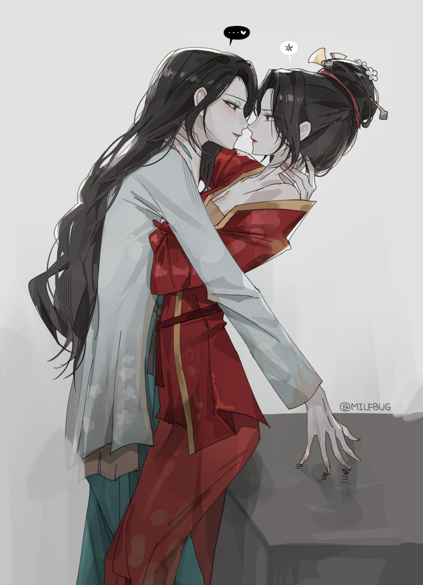 2girls, absurdres, black_hair, chinese_clothes, commentary_request, hair_bun, hair_ornament, hair_stick