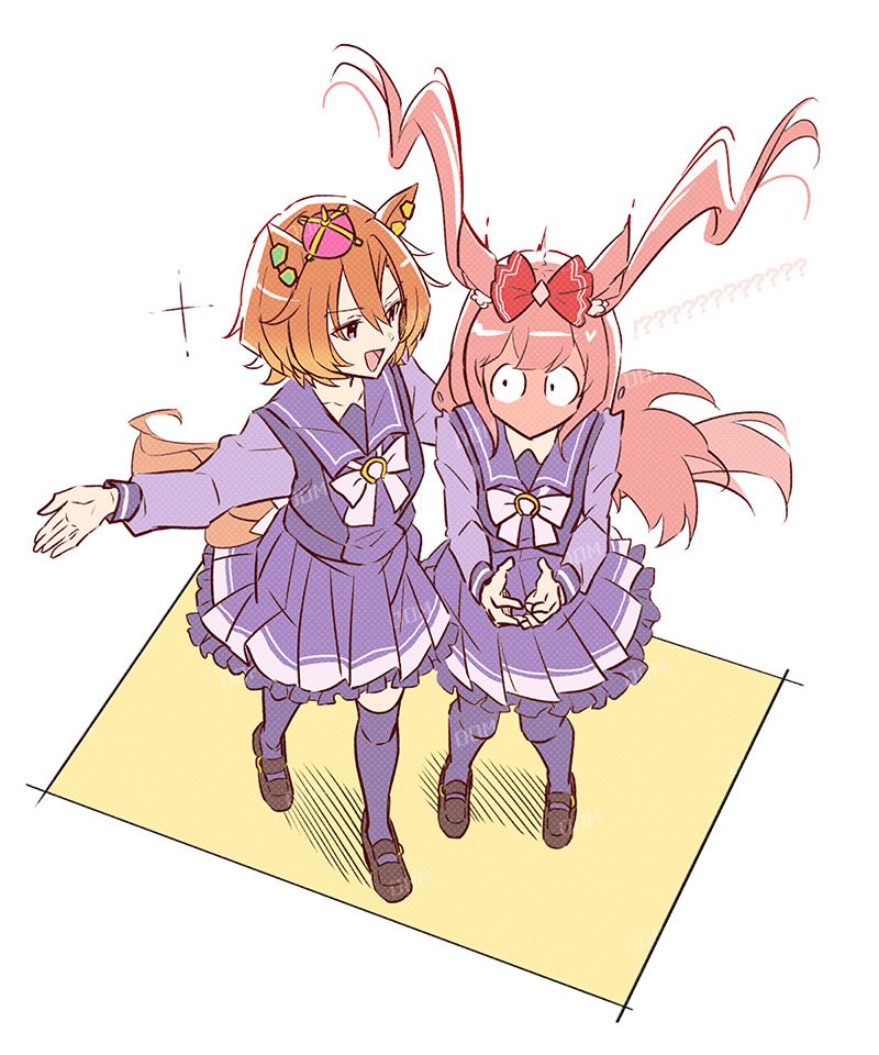 2girls, agnes_digital_(umamusume), animal_ears, blush, bow, bowtie, breasts, commentary_request