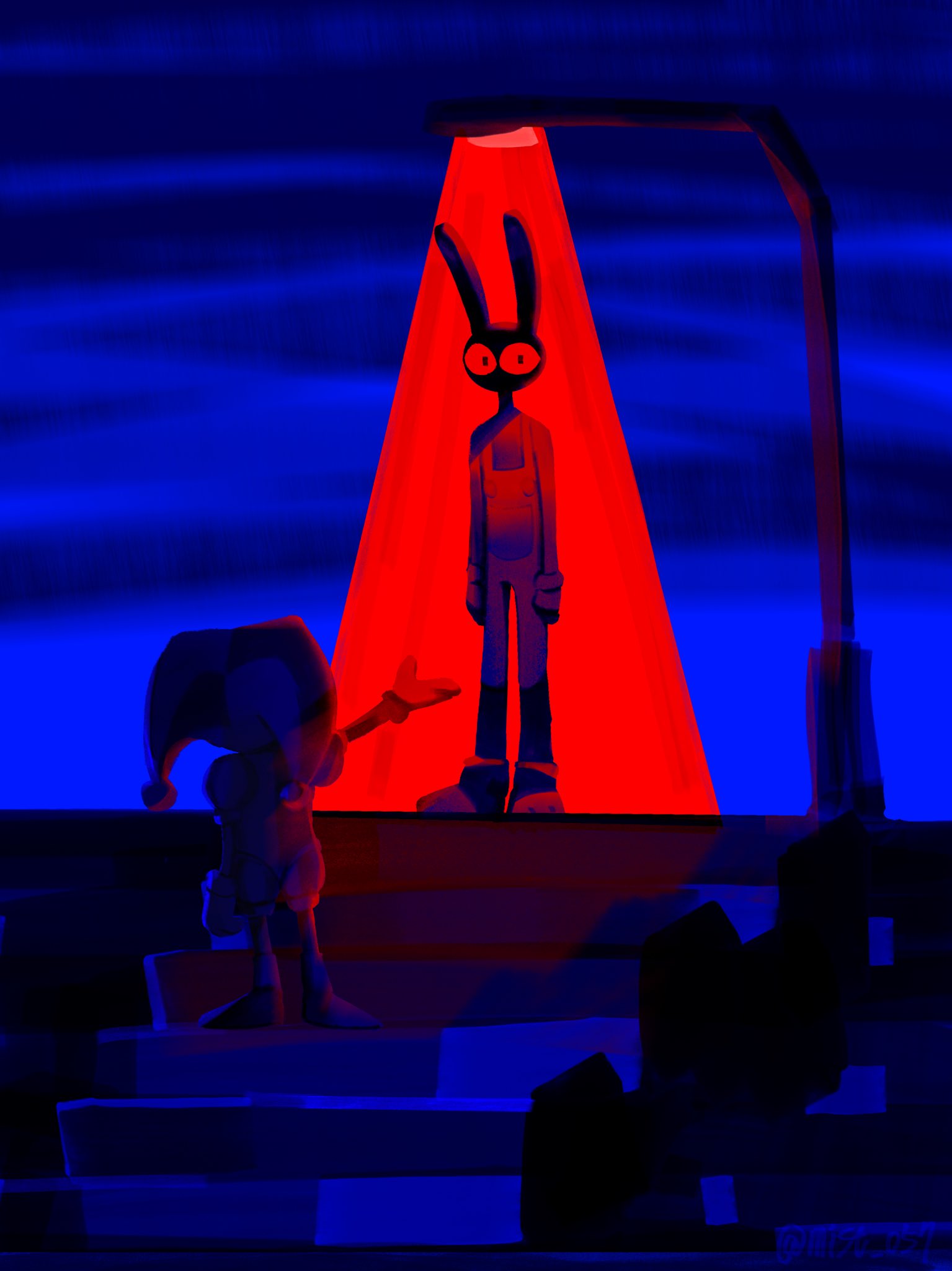 1boy, 1girl, animal_ears, blue_background, commentary, english_commentary, from_behind, full_body