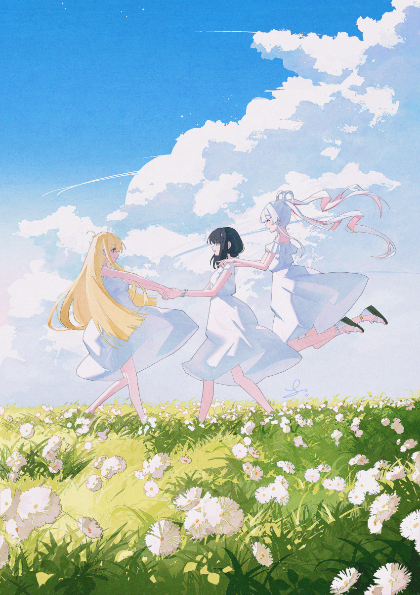 3girls, ^_^, absurdres, alternate_costume, artist_name, black_hair, blonde_hair, blue_sky