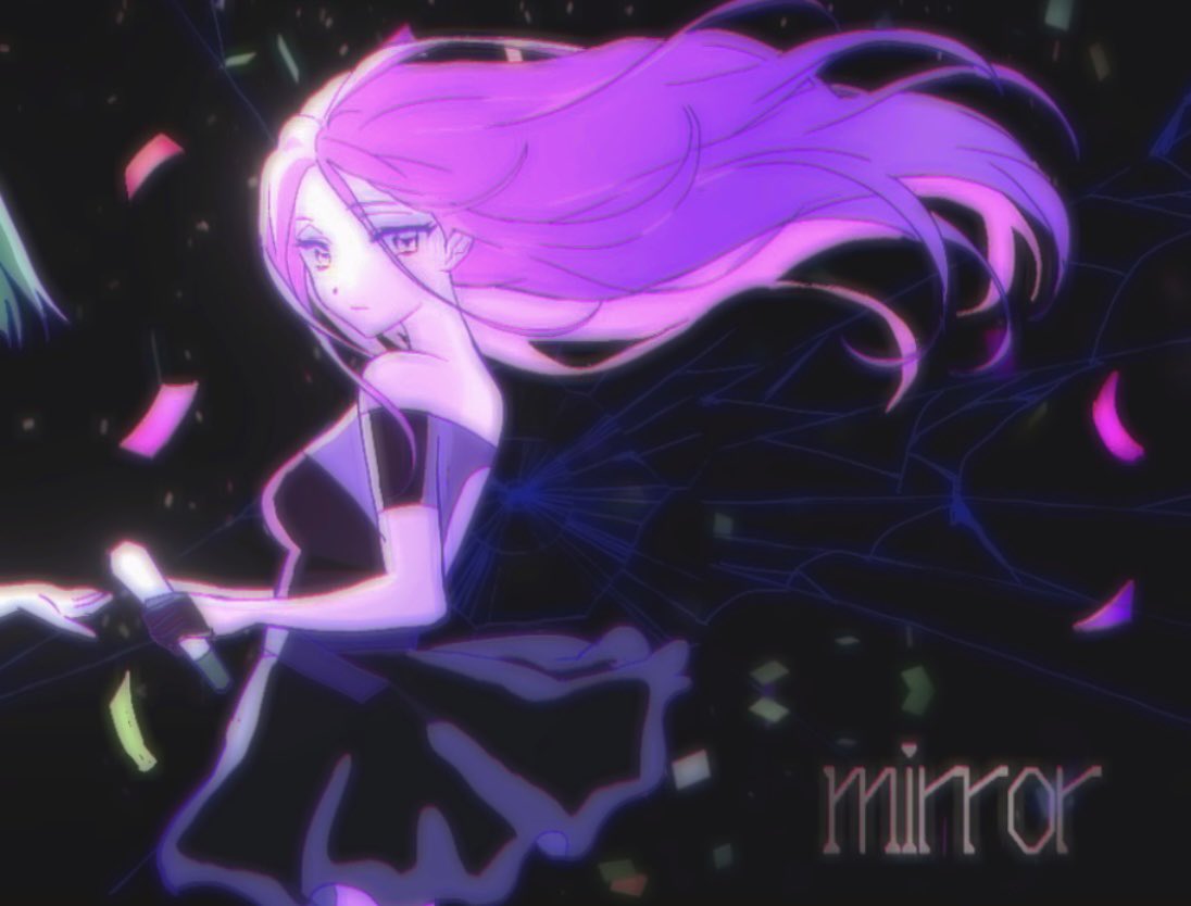 2girls, alien_stage, black_dress, black_gloves, closed_mouth, commentary, confetti, crack