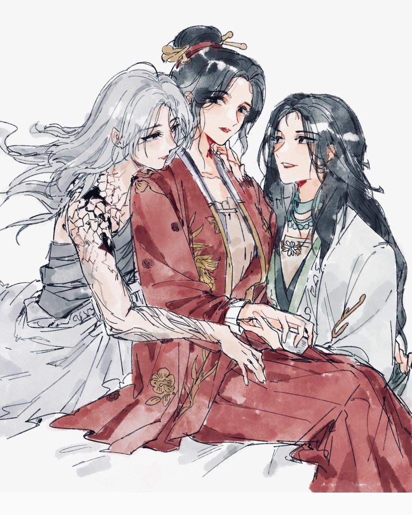 3girls, bead_necklace, beads, black_eyes, black_hair, body_markings, chinese_clothes, chinese_commentary