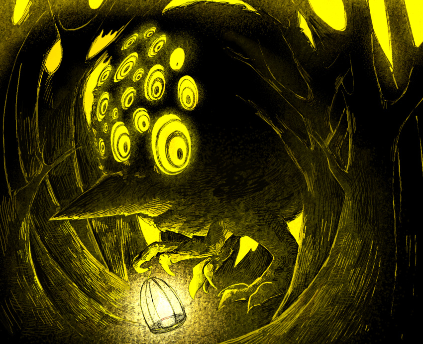 absurdres, bare_tree, beak, big_bird_(project_moon), bird, commentary_request, extra_eyes, fire