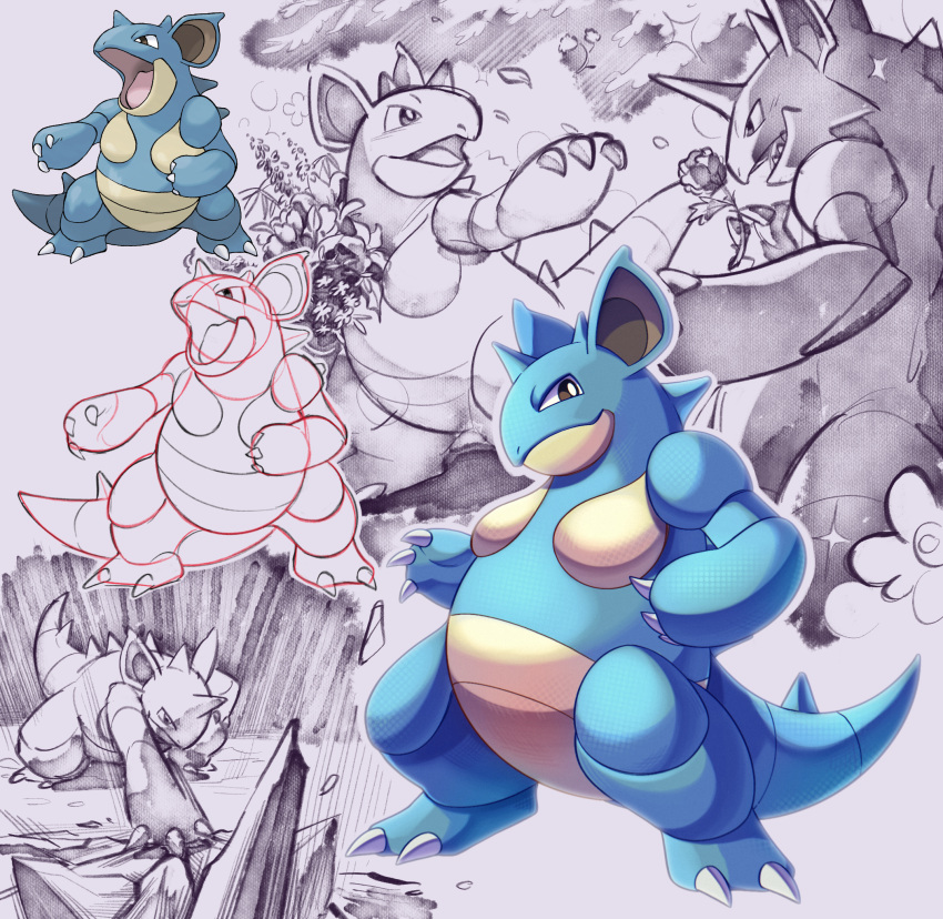 animal_ears, blue_skin, breasts, claws, colored_skin, commentary_request, earthquake_(pokemon), flower