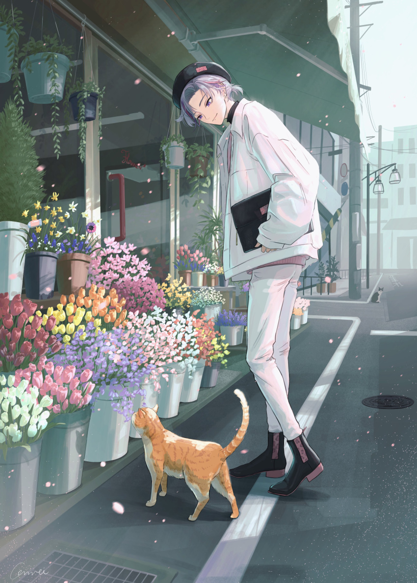 1boy, absurdres, beret, black_boots, black_hat, book, boots, ca_mei, cat, closed_mouth, commentary, falling_petals, flower, full_body, fuwa_minato, fuwa_minato_(7th_costume), grey_hair, hat, highres, holding, holding_book, jacket, lamppost, looking_at_animal, male_focus, multicolored_hair, nijisanji, official_alternate_costume, open_clothes, open_jacket, orange_flower, pants, pants_tucked_in, parted_bangs, petals, pink_flower, pink_petals, plant, ponytail, potted_plant, purple_flower, short_ponytail, sleeves_past_wrists, smile, solo, storefront, streaked_hair, violet_eyes, virtual_youtuber, white_flower, white_jacket, white_pants, yellow_flower