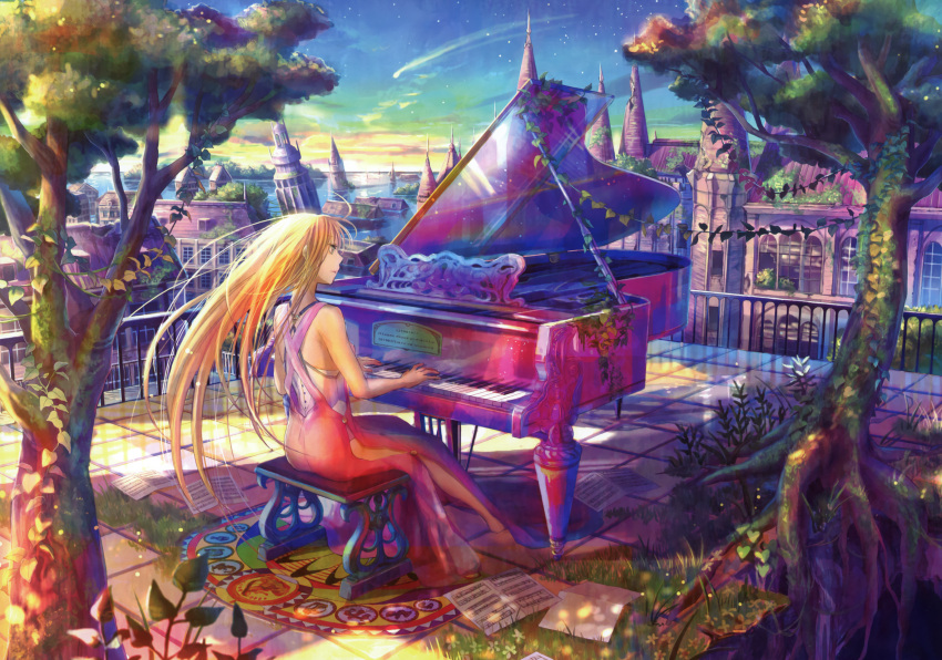 blonde_hair, dress, falling_star, fuji_choko, instrument, long_hair, original, piano, shooting_star, sky