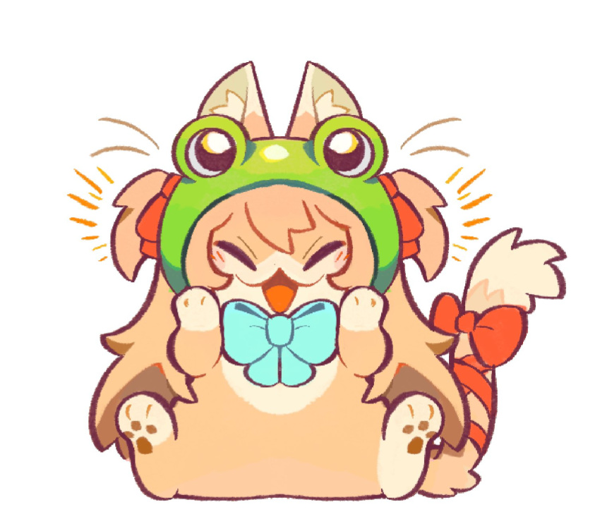 1girl, :3, :d, ahchive_be, animal_ear_fluff, animalization, aqua_bow, aqua_bowtie, bow, bowtie, cat_girl, chibi, chibi_only, closed_eyes, frog_hat, full_body, hair_between_eyes, hair_ribbon, happy, hashtag-only_commentary, highres, neuro-sama, red_bow, red_ribbon, ribbon, shout_lines, simple_background, sitting, smile, tail, tail_bow, tail_ornament, tail_ribbon, two_side_up, vedal_ai, white_background