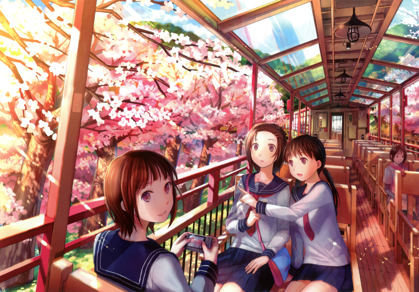 brown_hair, camera, fuji_choko, original, sakura, seifuku, spring, train