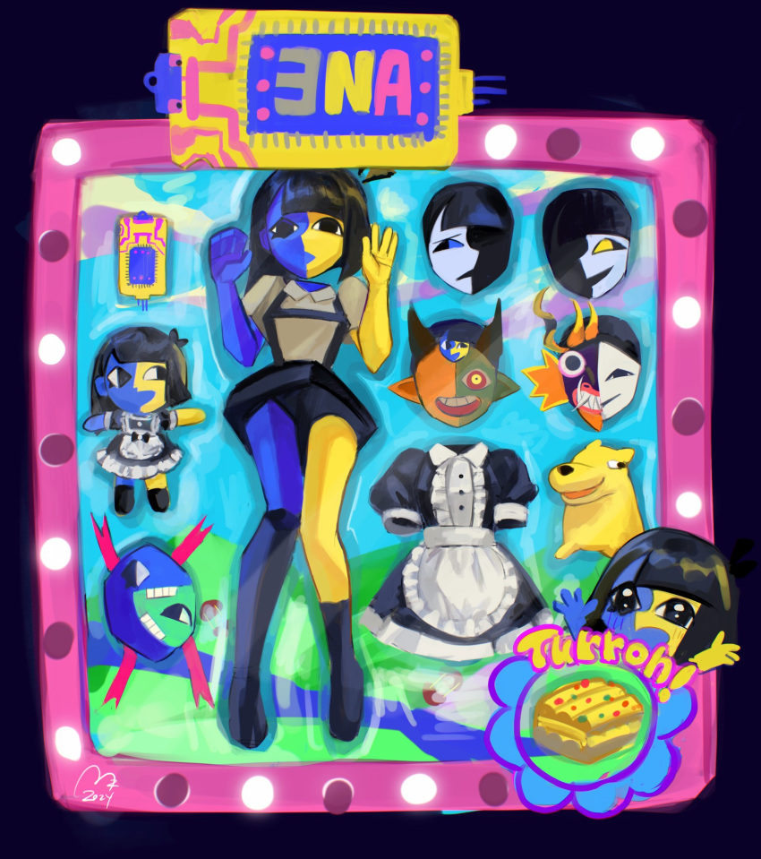 1girl, animal, black_hair, blue_skin, blunt_bangs, box, character_doll, colored_skin