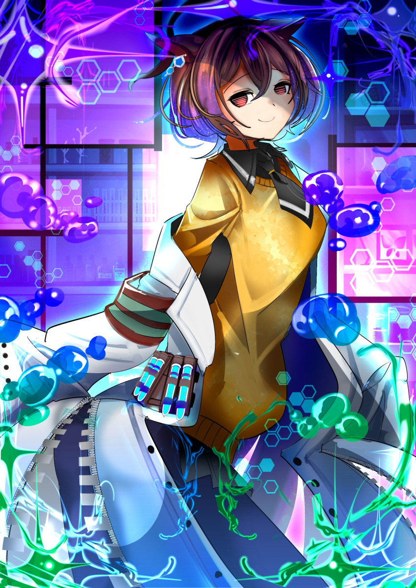 1girl, agnes_tachyon_(tach-nology)_(umamusume), agnes_tachyon_(umamusume), ahoge, animal_ears, black_necktie, black_pantyhose, breasts, brown_hair, chemical_structure, closed_mouth, coat, coat_partially_removed, commentary_request, cork, earrings, hair_between_eyes, highres, horse_ears, horse_girl, jewelry, kitsunebi44410, lab_coat, long_sleeves, looking_at_viewer, necktie, pantyhose, red_eyes, shirt, short_hair, short_necktie, single_earring, sleeves_past_fingers, sleeves_past_wrists, smile, solo, sweater, sweater_vest, test_tube, umamusume, white_coat, wolf_cut, yellow_sweater, yellow_sweater_vest