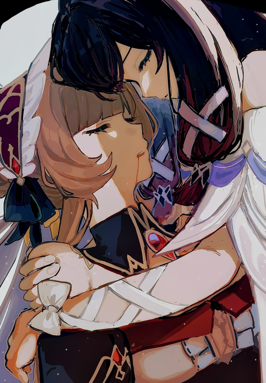 2girls, black_collar, black_hair, blood, blood_from_mouth, bow, brown_hair, closed_eyes