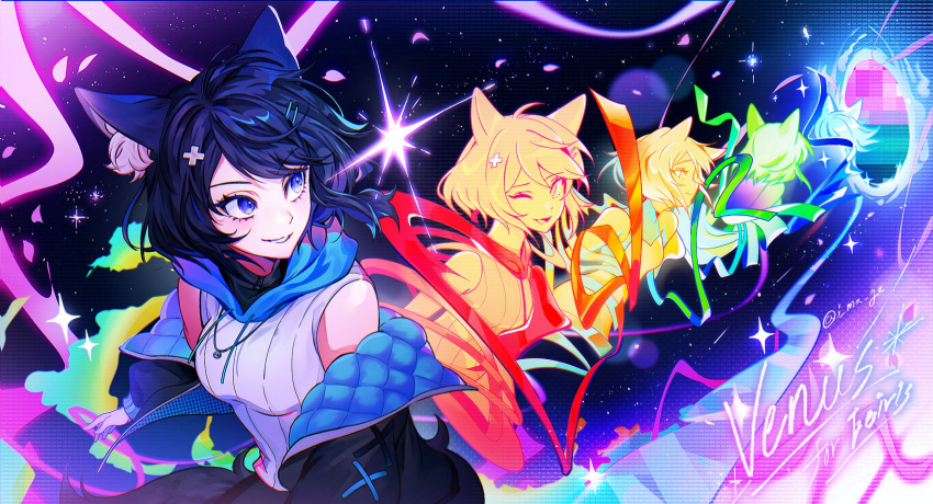 1girl, :d, animal_ears, blue_eyes, commentary, d-pad, d-pad_hair_ornament, eeiris_zuro