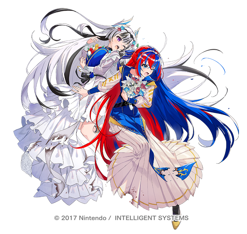 2girls, aerial_fireworks, battle_damage, black_collar, black_hair, blue_dress, blue_eyes, blue_hair, blush, bouquet, braid, breasts, collar, commentary_request, copyright_notice, crossed_bangs, damaged, dress, feather_hair_ornament, feathers, female_alear_(fire_emblem), female_alear_(sister_dragons)_(fire_emblem), fire_emblem, fire_emblem_engage, fire_emblem_heroes, fireworks, grey_hair, greyscale, hair_between_eyes, hair_ornament, holding, holding_bouquet, ichikawa_haru, long_hair, long_sleeves, monochrome, multicolored_hair, multiple_girls, official_alternate_costume, official_art, one_eye_closed, open_mouth, red_hair, simple_background, split-color_hair, tiara, torn_clothes, torn_dress, two-tone_hair, very_long_hair, veyle_(fire_emblem), veyle_(sister_dragons)_(fire_emblem), violet_eyes, wavy_hair, white_background, white_dress, wing_hair_ornament