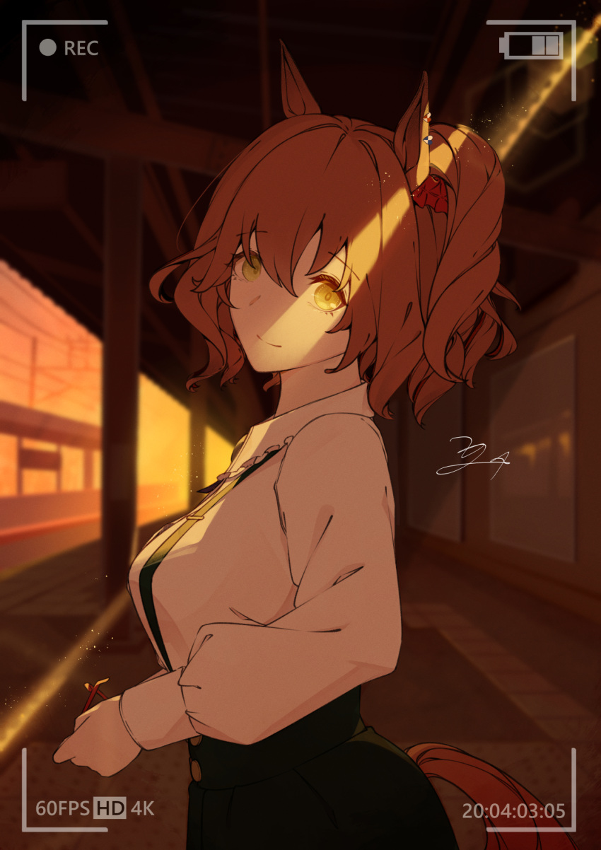 1girl, animal_ears, aston_machan_(casual)_(umamusume), aston_machan_(umamusume), battery_indicator, black_skirt, blush, breasts