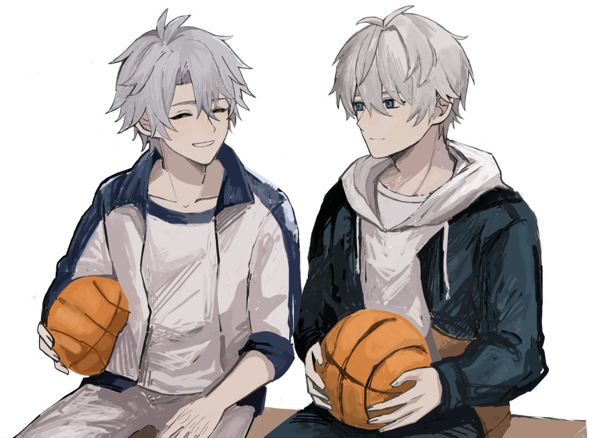 2boys, antenna_hair, asatya_ny, ball, basketball_(object), black_pants, blue_eyes, color_connection