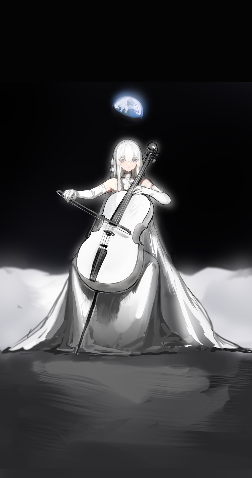 1girl, absurdres, bare_shoulders, blue_eyes, commentary_request, dress, earth_(planet), elbow_gloves