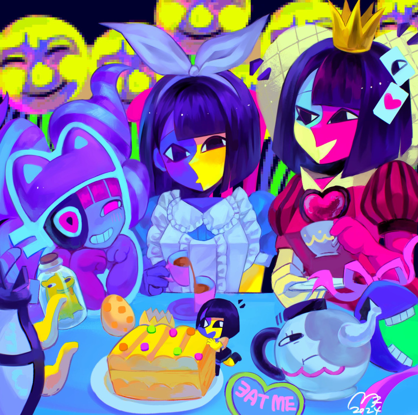5girls, alice's_adventures_in_wonderland, alice_(alice_in_wonderland), alice_(alice_in_wonderland)_(cosplay), animal_hat, black_eyes, black_hair, blue_skin