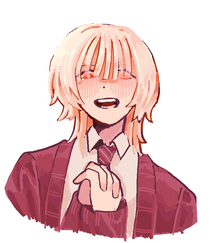1boy, blonde_hair, blush, bright_pupils, cardigan, collared_shirt, commentary, cropped_torso