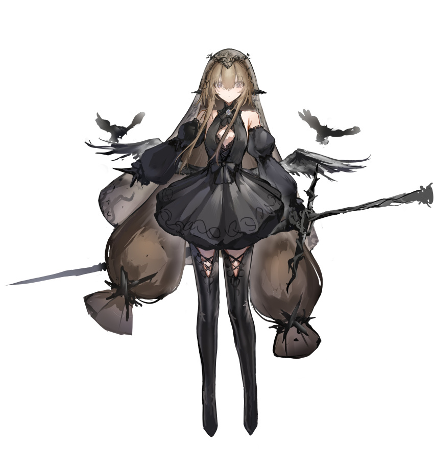 1girl, absurdres, bare_shoulders, black_boots, black_dress, black_ribbon, black_sleeves, black_wings, boots, brown_hair, detached_sleeves, dress, full_body, grey_eyes, grey_veil, highres, holding, holding_sword, holding_weapon, long_hair, lump_saury, neck_ribbon, original, ribbon, simple_background, sleeveless, sleeveless_dress, solo, sword, tachi-e, thigh_boots, twintails, veil, very_long_hair, weapon, white_background, wings