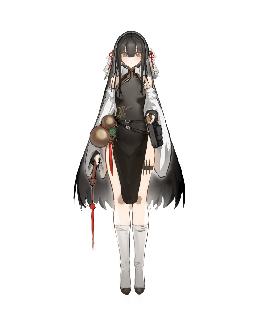 1girl, absurdres, bare_shoulders, black_dress, black_gloves, black_hair, brown_eyes, china_dress