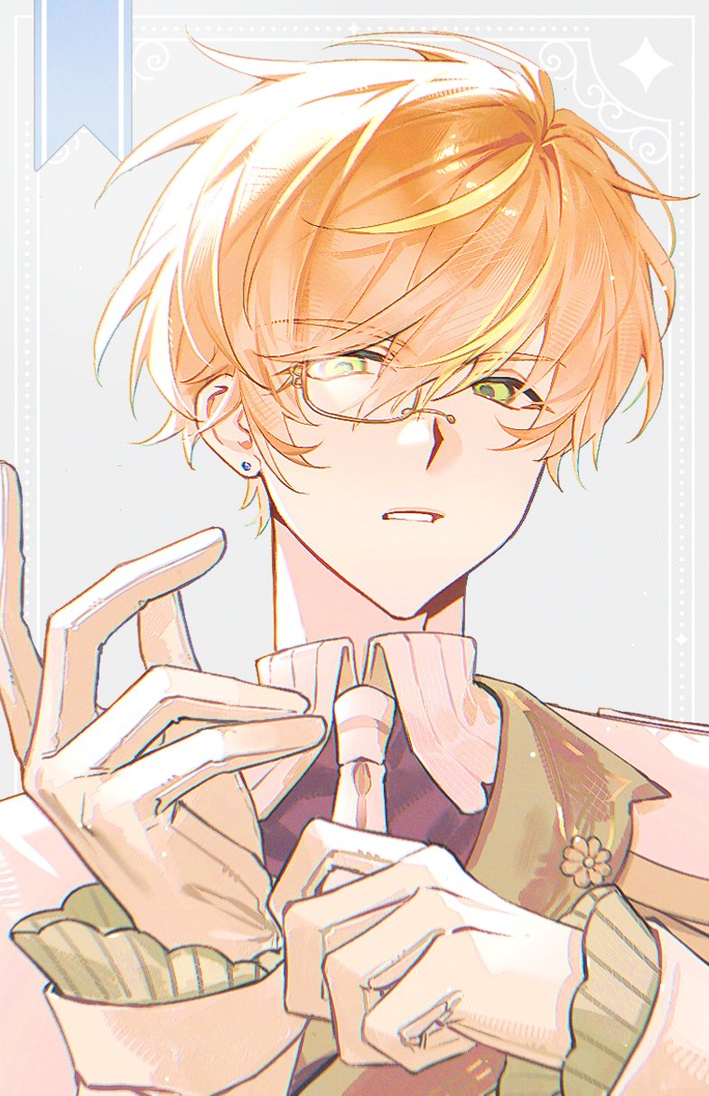 1boy, adjusting_clothes, adjusting_gloves, blonde_hair, chinese_commentary, clenched_teeth, collared_shirt, commentary_request