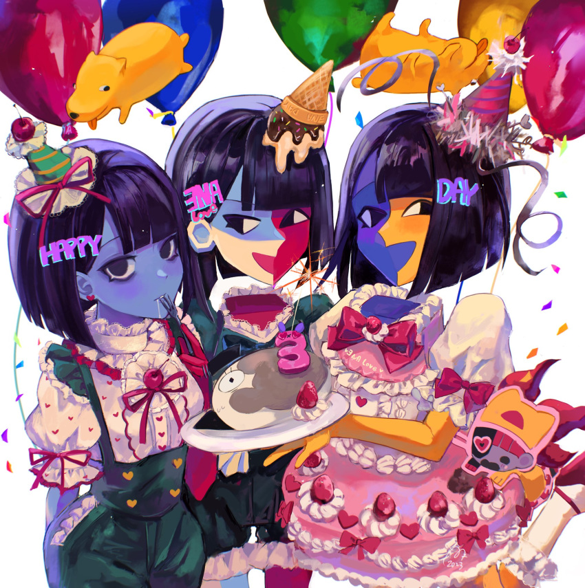 4girls, black_eyes, black_hair, blue_skin, blunt_bangs, colored_skin, commentary, dual_persona
