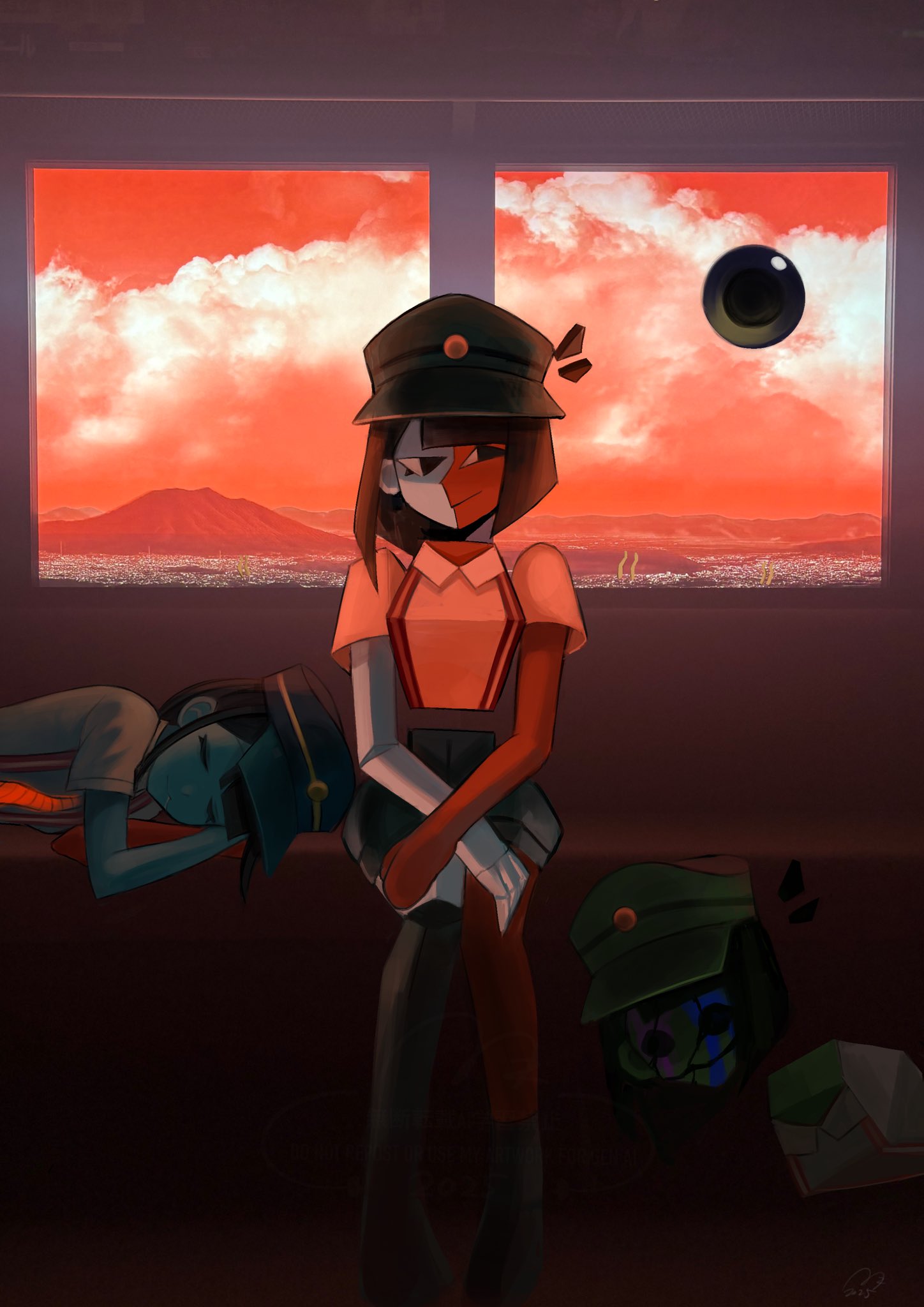 3girls, black_eyes, black_hair, blue_skin, blunt_bangs, blunt_ends, bob_cut, colored_skin