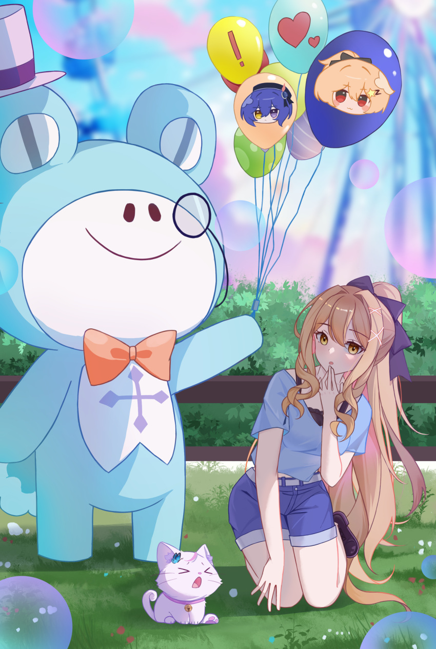 >_<, 1girl, 1other, absurdres, arkria_hroptr, balloon, benghuai_xueyuan, blonde_hair