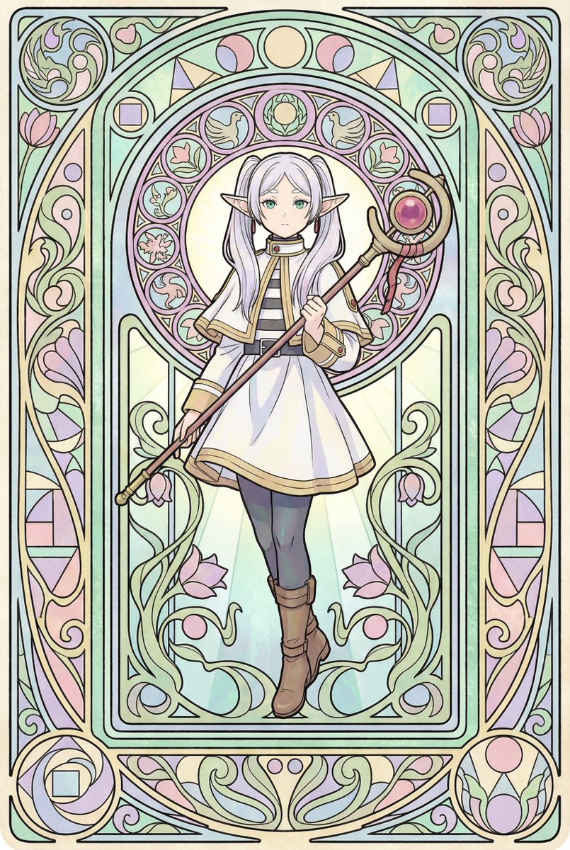 1girl, art_nouveau, boots, capelet, earrings, elf, floating_earrings, frieren