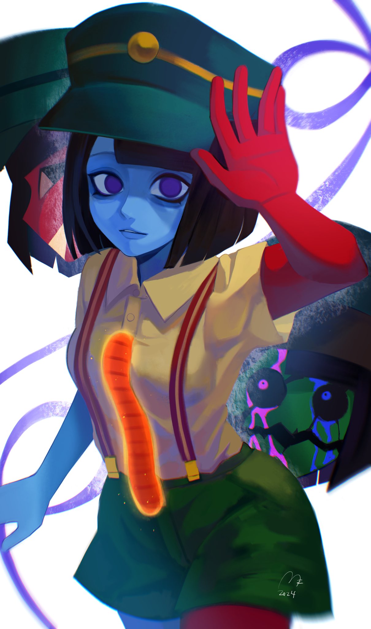 3girls, black_hair, blue_skin, blunt_bangs, blunt_ends, bob_cut, colored_skin, commentary