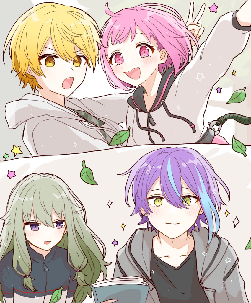 2boys, 2girls, arm_up, asymmetrical_sidelocks, black_shirt, blonde_hair, bob_cut, closed_mouth, commentary_request, drawstring, earrings, green_hair, hair_between_eyes, hane_k2, highres, hood, hood_down, hooded_jacket, jacket, jewelry, kamishiro_rui, kusanagi_nene, layered_clothes, leaf, long_hair, looking_at_viewer, low-tied_sidelocks, multicolored_hair, multiple_boys, multiple_girls, ootori_emu, open_clothes, open_jacket, open_mouth, outstretched_arm, pink_eyes, pink_hair, project_sekai, purple_hair, shirt, short_hair, sidelocks, smile, sparkle, split_mouth, star_(symbol), streaked_hair, stud_earrings, teeth, tenma_tsukasa, two-tone_hair, upper_body, upper_teeth_only, v, violet_eyes, wonderlands_x_showtime_(project_sekai), yellow_eyes, zipper_pull_tab