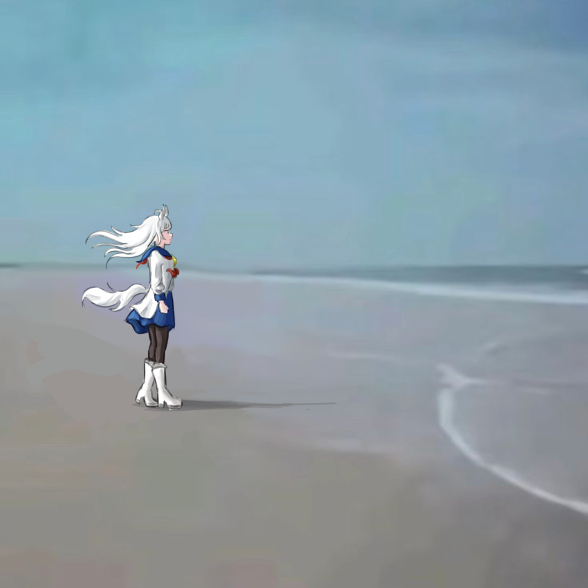 1girl, animal_ears, beach, black_pantyhose, blue_skirt, blue_sky, boots, commentary