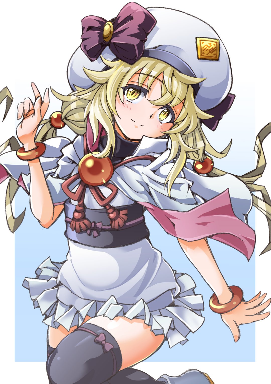 1girl, b_dome, bangle, black_thighhighs, blonde_hair, bow, bow_legwear, bracelet