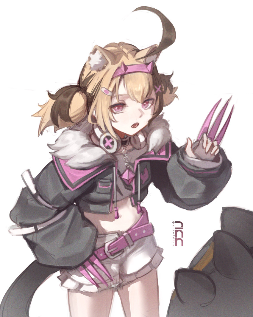 1girl, absurdres, ahoge, animal_ear_fluff, animal_ears, bandaid, bandaid_hair_ornament, belt, black_jacket, blonde_hair, brown_hair, claw_(weapon), cosplay, cropped_jacket, dinn_(artofdinn), dog_ears, english_commentary, fur-trimmed_jacket, fur_trim, gigi_murin, hair_ornament, hand_on_own_hip, headband, headphones, headphones_around_neck, highres, hololive, hololive_english, jacket, long_sleeves, mococo_abyssgard, mococo_abyssgard_(cosplay), multicolored_hair, open_clothes, open_jacket, open_mouth, pink_belt, pink_eyes, shorts, simple_background, solo, tail, two-tone_hair, virtual_youtuber, weapon, white_background, white_shorts