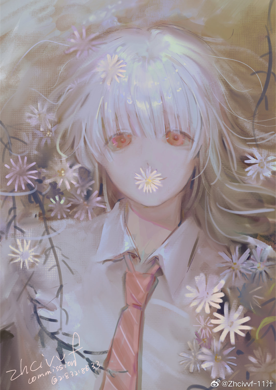 1boy, chinese_commentary, collared_shirt, commentary_request, commission, dress_shirt, fleabane, flower, flower_over_mouth, grin, highres, male_focus, medium_hair, necktie, orange_eyes, partially_submerged, red_necktie, saihate_eki, shirt, smile, solo, tatsunami_shion, upper_body, white_flower, white_hair, white_shirt, zhcivvf-11