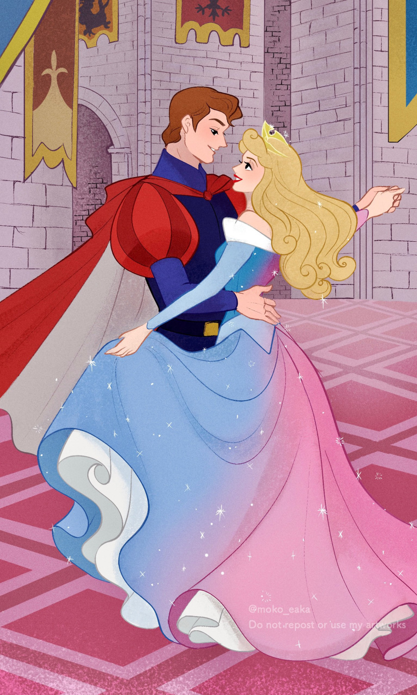 1boy, 1girl, absurdres, aurora_(disney), bare_shoulders, blonde_hair, blue_dress, brown_hair