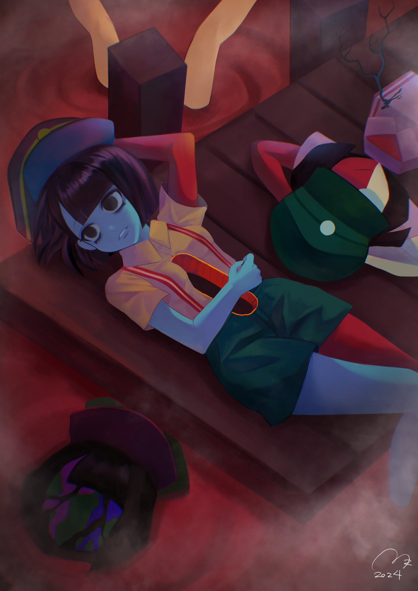 3girls, blood, commentary, ena:_dream_bbq, ena_(dream_bbq), ena_(series), ena_(species), english_commentary, green_ena, hangover_ena, highres, hub_(ena), in-universe_location, low_poly, lying, multiple_girls, on_back, plant, salesperson_ena, sea_legs_(ena), split-color_skin, usagimarumei, vines