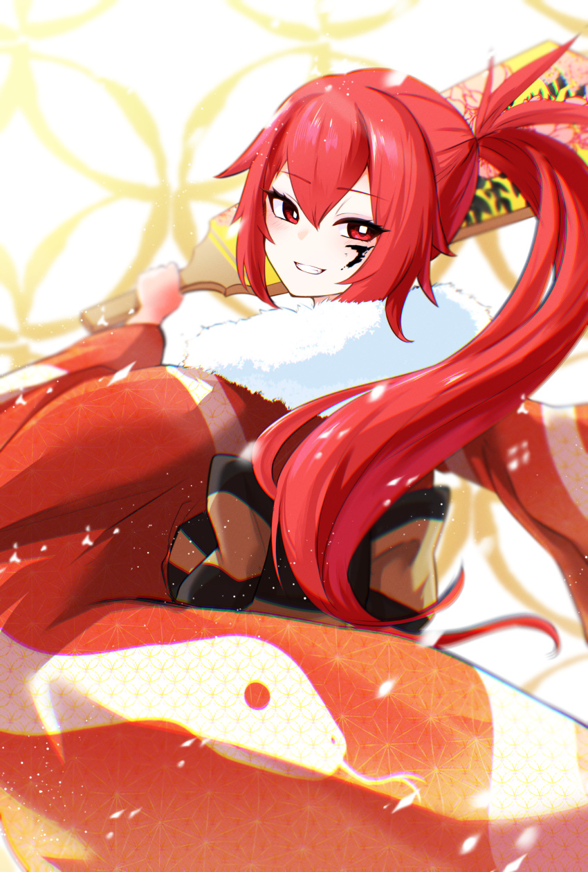 1girl, bow, chinese_zodiac, commentary_request, cul, fang, from_behind, fur_collar