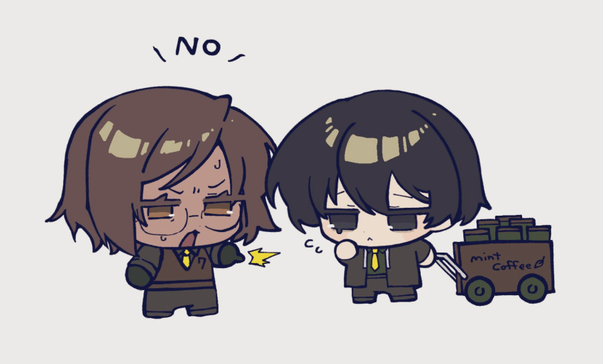 1boy, 1girl, :<, black_jacket, brown_eyes, brown_hair, cart, chibi