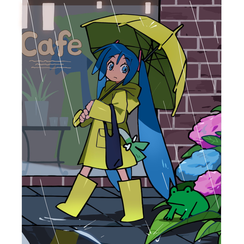 1girl, animal, bag, bizarre_cuco, blue_eyes, blue_hair, boots, brick_wall