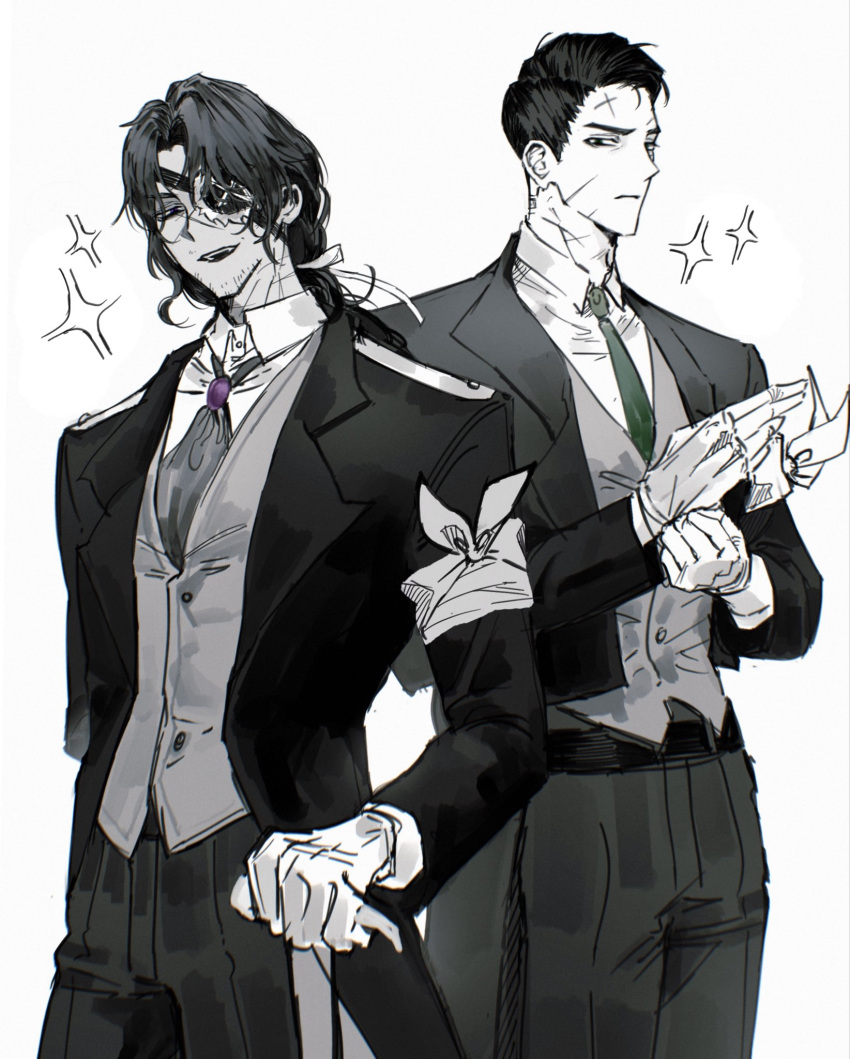2boys, badge, brooch, chanil_(muexlku), cowboy_shot, dead_rabbits_(identity)_(project_moon), gem, gloves