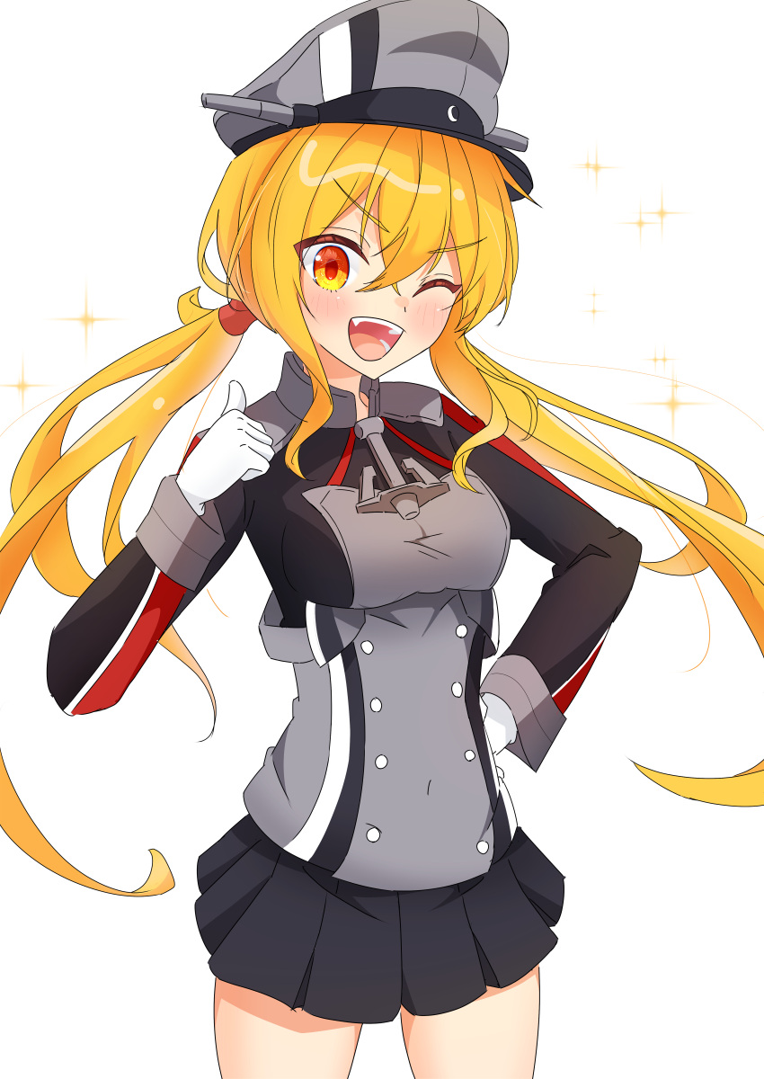 1girl, absurdres, black_skirt, blonde_hair, breasts, cosplay, gloves, hat, highres, kantai_collection, long_hair, long_sleeves, low_twintails, medium_breasts, military_uniform, miniskirt, natsu_chiki, one_eye_closed, open_mouth, peaked_cap, pleated_skirt, prinz_eugen_(kancolle), prinz_eugen_(kancolle)_(cosplay), satsuki_(kancolle), skirt, smile, solo, twintails, twintails_day, very_long_hair, white_gloves, yellow_eyes