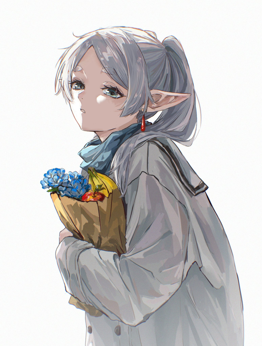1girl, aim6120, apple, bag, banana, blue_flower, blue_scarf, coat, earrings, elf, flower, food, frieren, from_side, fruit, green_eyes, hair_over_shoulder, hashtag-only_commentary, highres, holding, holding_bag, hugging_object, jewelry, long_sleeves, looking_at_viewer, medium_hair, paper_bag, parted_bangs, parted_lips, pointy_ears, scarf, sidelighting, sidelocks, simple_background, solo, sousou_no_frieren, standing, teardrop_earrings, thick_eyebrows, upper_body, white_background, white_coat, white_hair