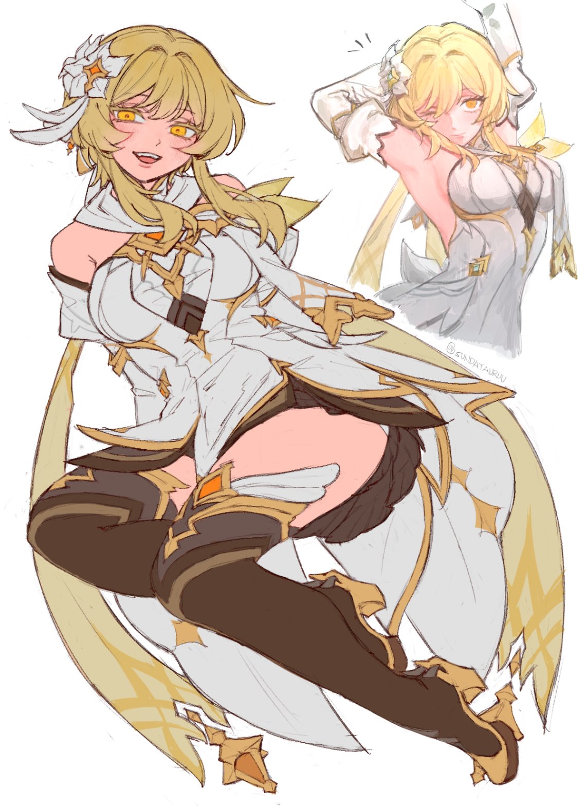 1girl, :d, arm_behind_head, arm_support, arm_up, armpits, arms_behind_head, arms_up