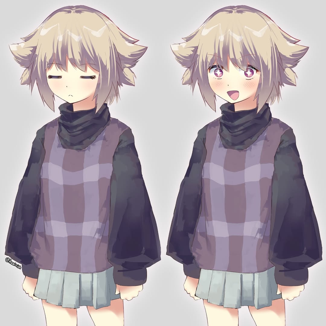 1girl, :<, :d, black_sweater, blonde_hair, closed_eyes, cowboy_shot, dot_nose
