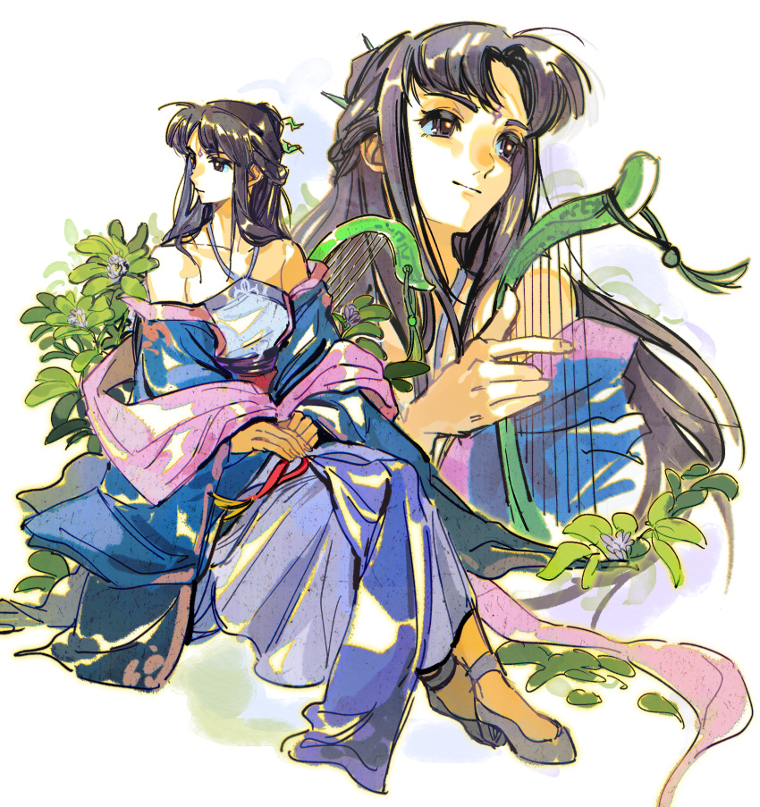 1girl, absurdres, bare_shoulders, black_hair, chinese_clothes, dress, hair_ornament, half_updo