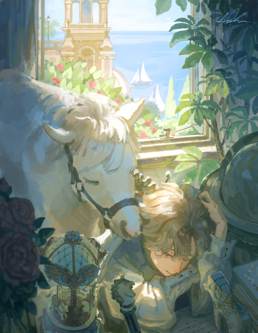1boy, absurdres, blonde_hair, cane, desk, flower, globe, highres, horse, indoors, male_focus, ocean, one_eye_closed, open_window, original, papers, plant, rose, shigre, ship, toy_carousel, toy_horse, tree, watercraft, window