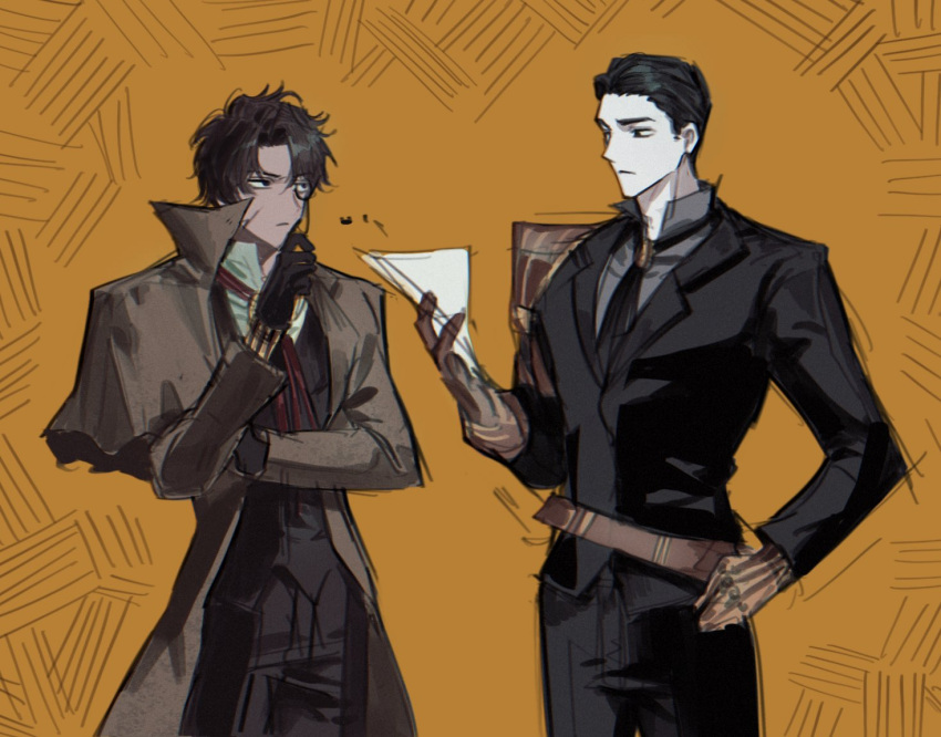 2boys, ascot, asymmetrical_inertia_(e.g.o), black_ascot, black_eyes, black_gloves, black_hair, black_jacket