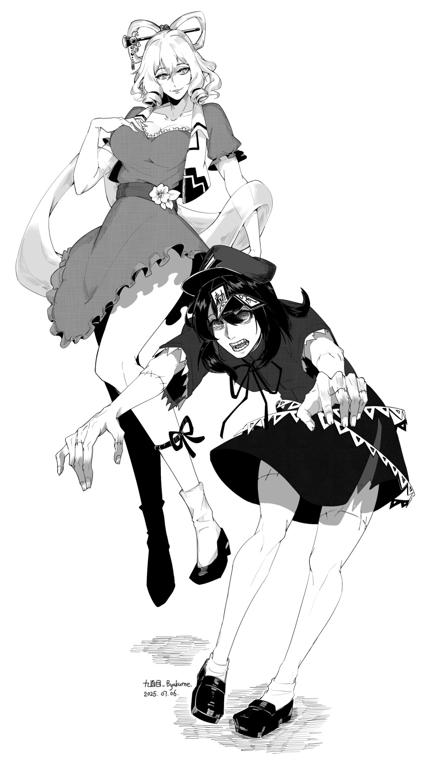 2girls, absurdres, collarbone, commentary_request, dress, drill_hair, floating, greyscale