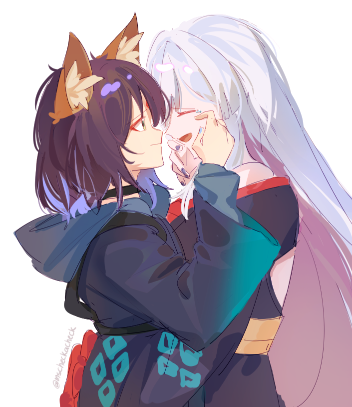 2girls, animal_ears, bare_shoulders, black_choker, black_kimono, blue_hoodie, blue_nails, cho_kaguya-hime!
